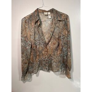 Emma James Womens Size 14 Paisley Button Blouse Sheer Brown Blue Long Sleeve
